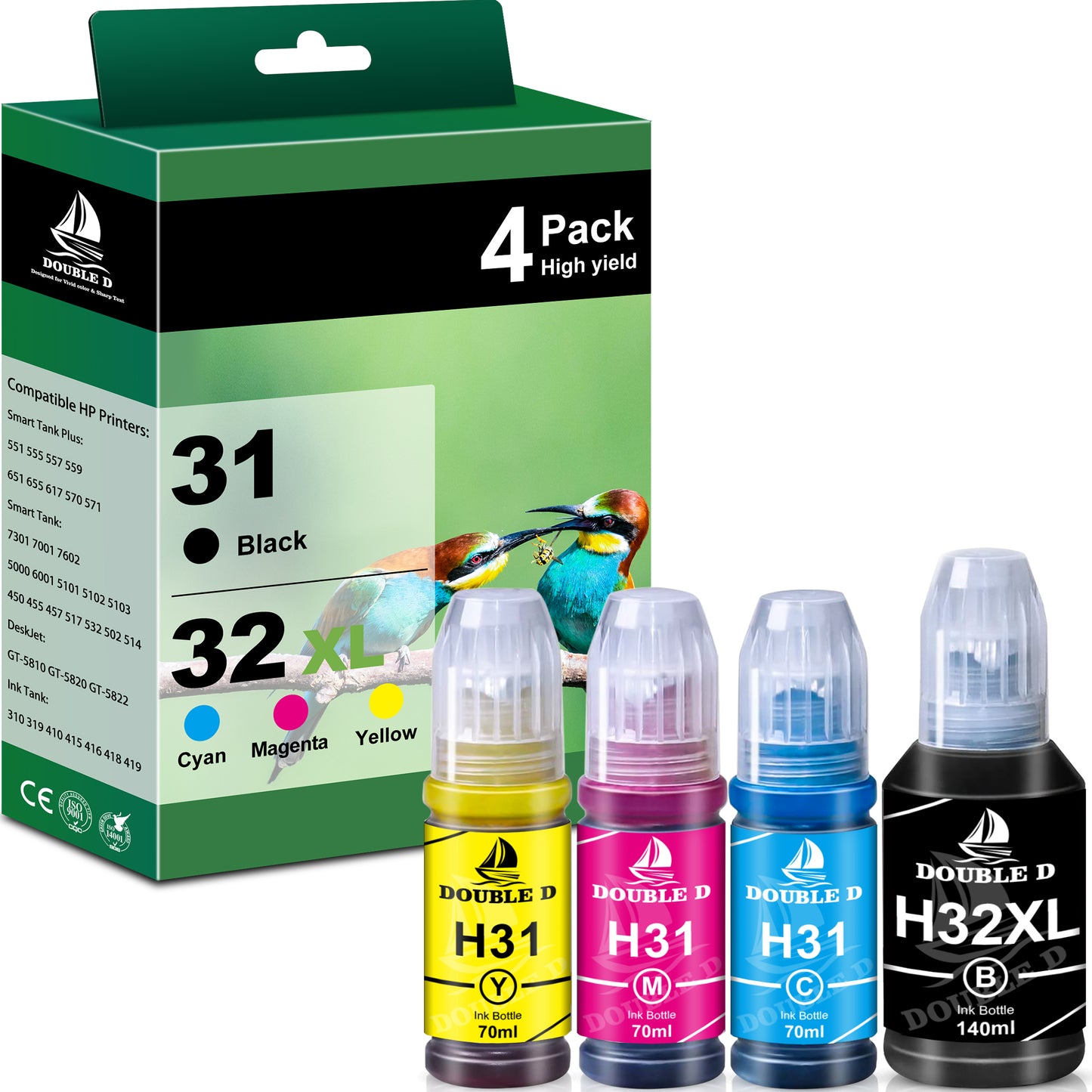 31 32XL Ink Bottle Set Compatible with HP 31 Ink 32XL Ink Bottle for Smart Tank 5101 5000 Plus 651 551 Printer, 4 Pack (140ML 32XL Black Ink , 70ML 31 Color Ink )